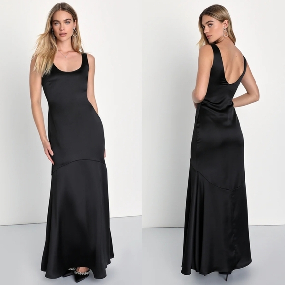 Lulus Enchanting Sophistication Black Satin Mermaid Maxi Dress Wedding Party - Picture 1 of 7